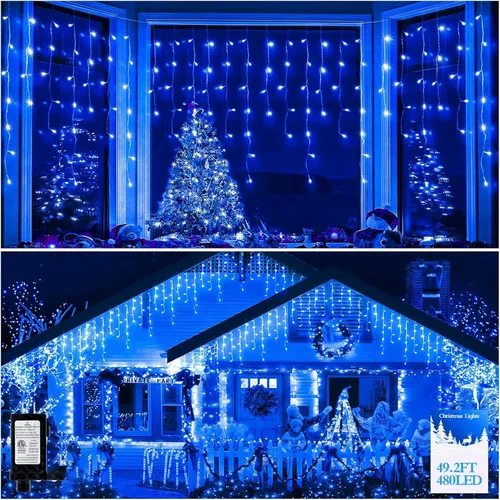 Vista 22 de FLVOECN 480 luces LED de Navidad de 49 pies, enchufables, 8 modos con temporizador, luces de hielo regulables, para exteriores, impermeables