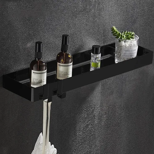 Vista 10 de Wallmounted Bathroom Shelf Floating Organizer with Hooks for Toiletries & Cosmetics 2Tier Black Rectangular Storage Rack for Shower & Kitchen