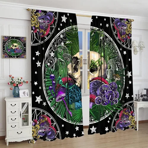 Vista 71 de Cortinas góticas de bosque de cuervos, para Halloween, espeluznante, negro, cuervo negro, alas oscuras, suspenso, bolsillo para barra, cortinas