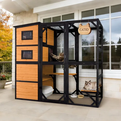 Vista 8 de Wooden Catio Outdoor Cat - Amplio condominio para gatos con 7 plataformas de escalada, 2 acogedoras casas de siestas, panel de ventana expandible