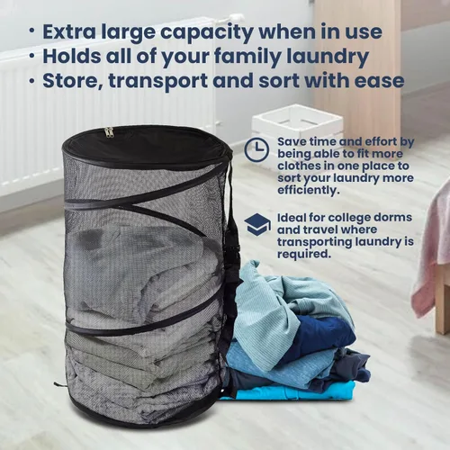 Vista 4 de Cesta plegable de malla de alambre para la ropa sucia, portátil, duradera, bolsa de almacenamiento + correas, cubierta superior con cremallera
