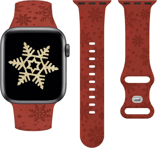 Vista 14 de Wearlizer - Correa con copos de nieve de Navidad grabada compatible con Apple Watch de 41/38/40/42/45/44/46/49 mm, correa deportiva de silicona Negro