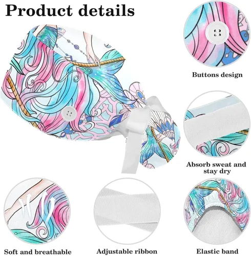 Vista 4 de Cartoon Alphabet Adjustable Women Working Cap with Bow Hair Scrunchy, Bouffant Hat with Buttons