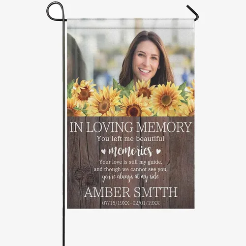 Vista 11 de Bandera conmemorativa personalizada para jardín, en memoria amorosa, bandera de condolencias personalizada con nombre y fecha de foto, banderas