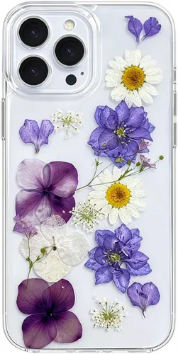 Vista 19 de Abbery Funda diseñada para iPhone 13 Pro con diseño de flores prensadas con purpurina y diseño de goma de silicona suave, diseño de flores reales