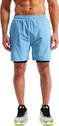 Vista 2 de Pudolla Mens 2 in 1 Running Shorts 7" Quick Dry Gym Athletic Workout Shorts for Men with Phone Pockets