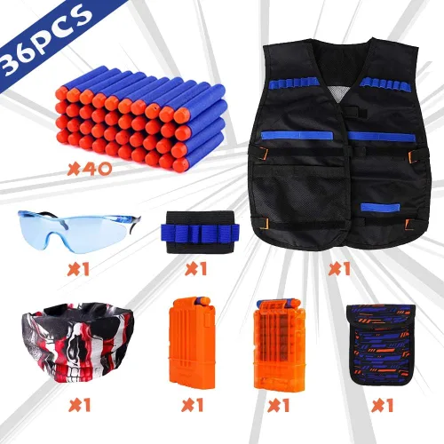 Vista 2 de Kit de chaleco táctico para niños para pistolas Nerf de la serie N-Strike Elite, con 40 dardos de recarga, 2 clips de recarga, bolsa de dardos