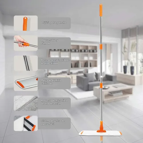 Vista 2 de Trapeador plano de microfibra húmedo-seco con mango ajustable de acero inoxidable de 51 pulgadas, 4 almohadillas reutilizables para trapear húmedo