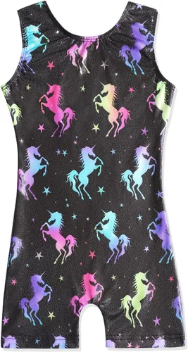 Vista 21 de HOZIY Leotardos de gimnasia para niñas con conjuntos de voltereta, con brillo, patrón adorable B Rainbow Stripe