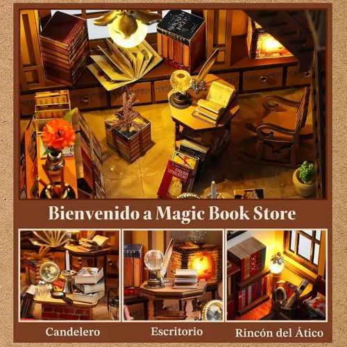 Vista 5 de Quanquer Kit de Casa en Miniatura: Rincón de Librería Libro Mágico con Muebles y Luz LED - Kits de Bricolaje para Adultos - Casa de Muñecas