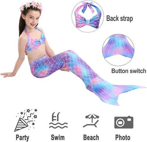 Vista 2 de Traje de baño para niñas con colas de sirena para nadar, traje de baño de princesa con guirnalda