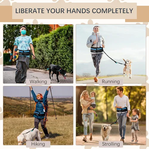 Vista 7 de Correa de cintura manos libres con bolsa para dos perros, costuras reflectantes, doble asa y diseño retráctil elástico, ideal para perros medianos a