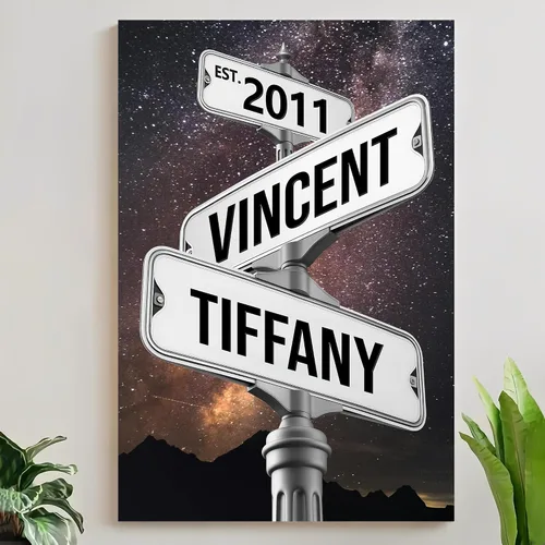 Vista 13 de Mapileng Lienzo personalizado de Crossroads Street Sign para parejas, nombres personalizados y fecha, arte de pared vintage, regalo del día de San