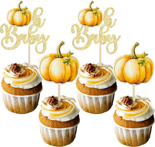 Vista 22 de 24 adornos de calabaza para cupcakes con purpurina para otoño, hojas, flores, calabaza, cupcakes, decoración de pasteles para Halloween, decoración
