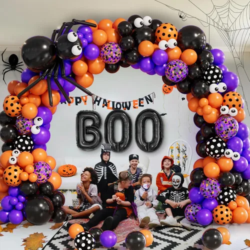Vista 2 de Kit de arco de guirnalda de globos de Halloween con globos de araña, globos de confeti negro, naranja, morado, globos de papel de aluminio