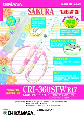 Vista 2 de CHIKAMASA CRI-360SFW, acero inoxidable con revestimiento de flúor, para arreglo floral, flores frescas, amplio uso de jardinería y cortador