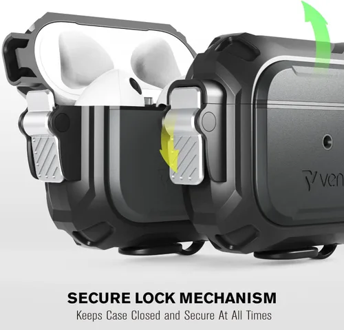 Vista 4 de VENA vArmor - Funda resistente compatible con Apple Airpods 3 2021, mecanismo de bloqueo seguro, resistente a prueba de golpes, con mosquetón