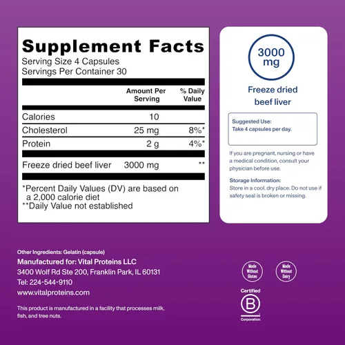 Vista 4 de Hígado de ganado alimentado con grama, criado pasto de Vital Proteins (120 Cápsulas, 0,026 oz cada una)