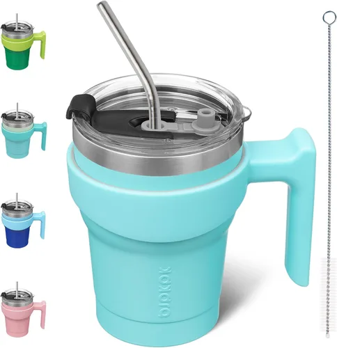 Vista 22 de BJPKPK Mini vaso de 10 onzas con tapa, popote y asa, taza de acero aislada