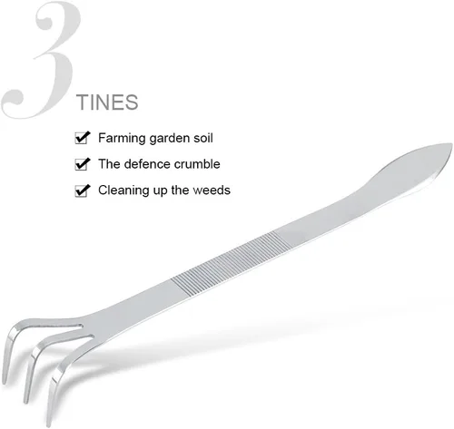 Vista 6 de Yosoo Rastrillo de jardinería de 8.3 pulgadas de acero inoxidable con 3 dientes para plantas, rastrillo para jardinería, cultivador de suelo