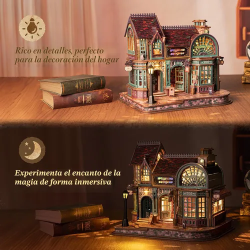 Vista 6 de FUNPOLA - Rompecabezas de madera 3D con luces LED, kit en miniatura de bricolaje, librería hechizada, exhibición de decoración del hogar, regalo