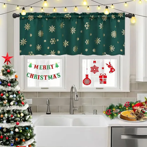Vista 24 de Cortinas de Navidad de Nivel con Estampado de Copos de Nieve Dorados en Papel Aluminio - 36 Pulgadas de Largo, Cortinas Verdes con Bolsillo