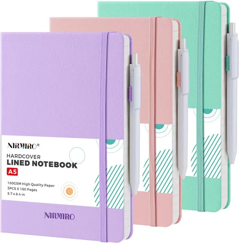 Vista 10 de Paquete de 3 cuadernos rayados con bolígrafo, cuadernos A5 (5.7 x 8.4 pulgadas) de tapa dura de cuero para mujeres y hombres, trabajo, 160 páginas