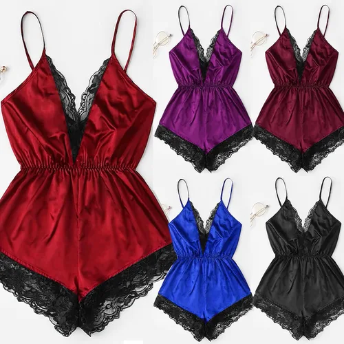 Vista 3 de Conjunto de lencería sexy de encaje para mujer con cuello en V de seda pijamas dormir salón sexo cosas para parejas Kinky para el juego sexual