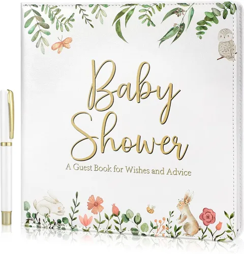 Vista 13 de Engrowtic Libro de invitados de cuero para baby shower con bolígrafo, 112 páginas para el día de Acción de Gracias, libro de invitados con fecha