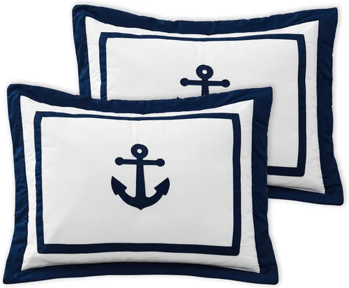 Vista 2 de Sweet Jojo Designs Anchors Away - Juego de ropa de cama de 3 piezas para niños, color azul marino y blanco, tamaño matrimonial/queen