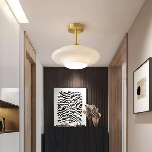 Vista 4 de Lámpara de techo de vidrio blanco moderna de montaje semiempotrado con pantalla de cúpula de globo de leche, luces de techo de mediados de siglo