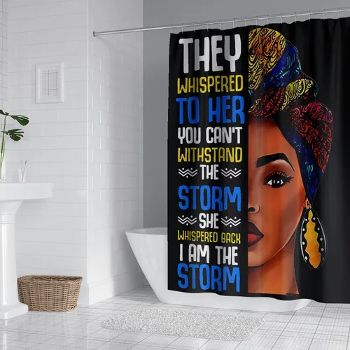 Vista 4 de Cortina de ducha de mujer africana, cortina de ducha de tela negra afroamericana, divertidas, citas inspiradoras, impermeable, decoración de baño