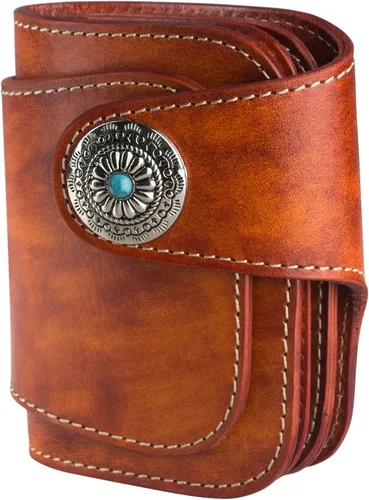 Vista 3 de Ancicraft Billetera plegable de piel auténtica con botones turquesa para hombre, Amarillo Marrón, Billetera plegable