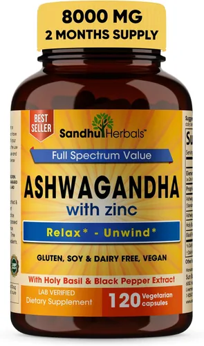 Vista 2 de SANDHUHERBALS Ashwagandha orgánica 4 en 1 con zinc y curcumina de cúrcuma orgánica con extracto de pimienta negra bioperina Apoya el sistema