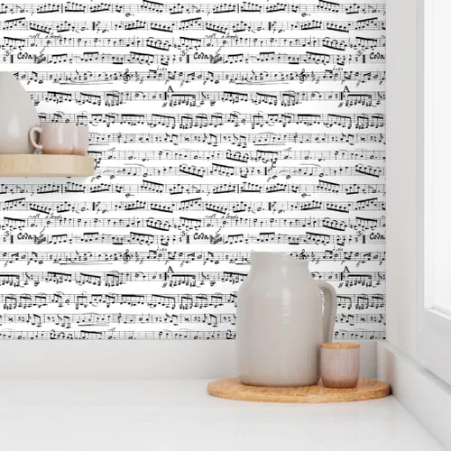 Vista 8 de Muestras de papel tapiz extraíbles, color blanco y negro, notas musicales, músico, piano musical, papel pintado prepegado Spoonflower