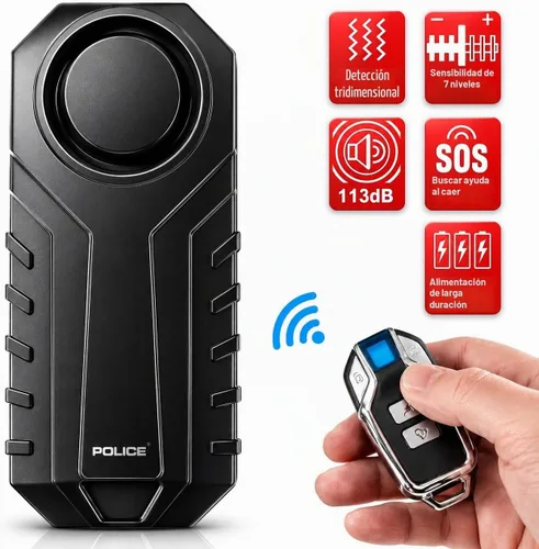 Vista 3 de Police Alarma de bicicleta con control remoto 113dB inalámbrico antirrobo vibración, sensor de movimiento, sistema de seguridad impermeable