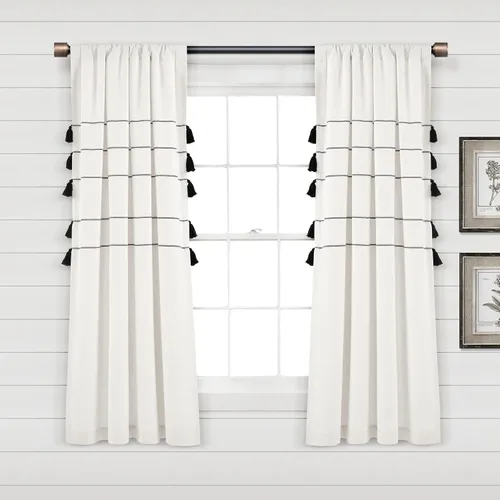 Vista 14 de Lush Decor Cortinas de ventana de mezcla de algodón teñido con borlas, estilo bohemio, estilo bohemio, a rayas, 42 pulgadas de ancho x 84 pulgadas