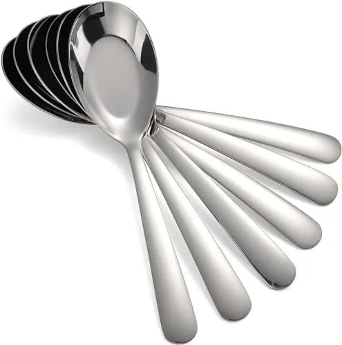 Vista 4 de Cucharas de sopa de acero inoxidable Juego de 12 cucharas de cena de mango largo, cuchara de sopa asiática plateada para Ramen Thai Miso