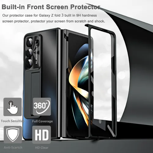 Vista 5 de Miimall Funda compatible con Samsung Galaxy Z Fold 3 con S Pen, protector de pantalla frontal integrado + soporte + soporte para bolígrafo, funda