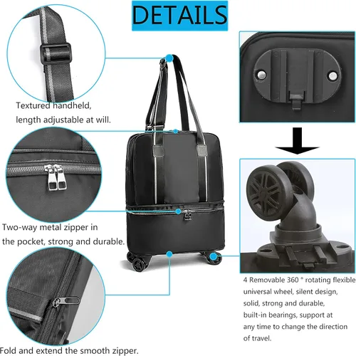 Vista 3 de ELDA Maleta plegable expandible para hombres y mujeres, equipaje ligero con ruedas giratorias desmontables de 360, bolsas de lona para viajes