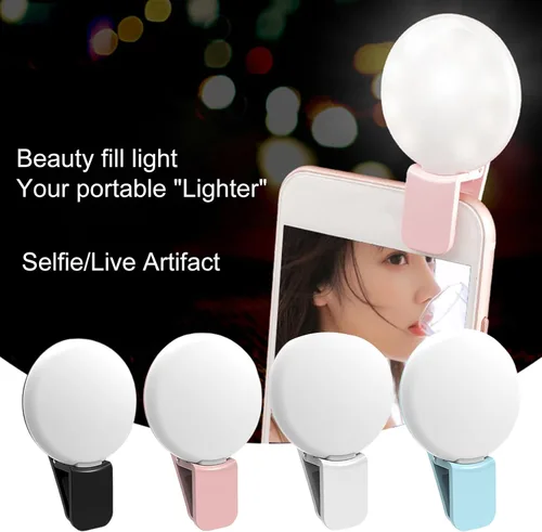 Vista 5 de Luz LED para selfie con clip, 3 niveles de luz ajustable, iluminación flash USB recargable para selfies, grabación de video, maquillaje rosa