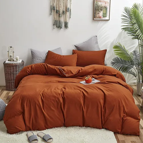 Vista 33 de Luxlovery - Juego de edredón color rojo ladrillo tamaño individual, juego de ropa de cama de 3 piezas, color rojo oscuro, suave, transpirable