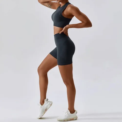 Vista 42 de Conjuntos de entrenamiento para mujer, 2 piezas, sin costuras, acanalada, sin mangas, brasier deportivo, cintura alta, pantalones cortos