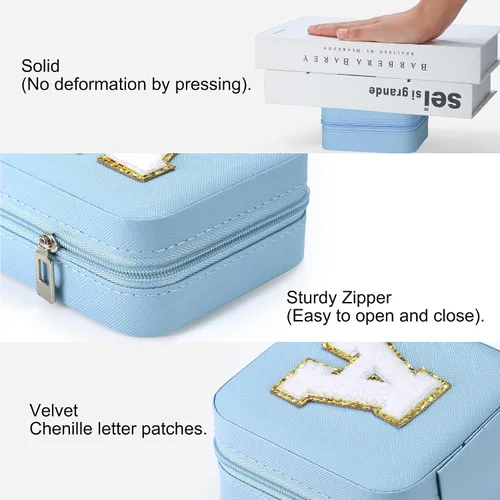 Vista 6 de Parima - Joyero pequeño esencial para viajes, organizador de joyerìa, regalo de hija para mamá, azul cielo, letra T