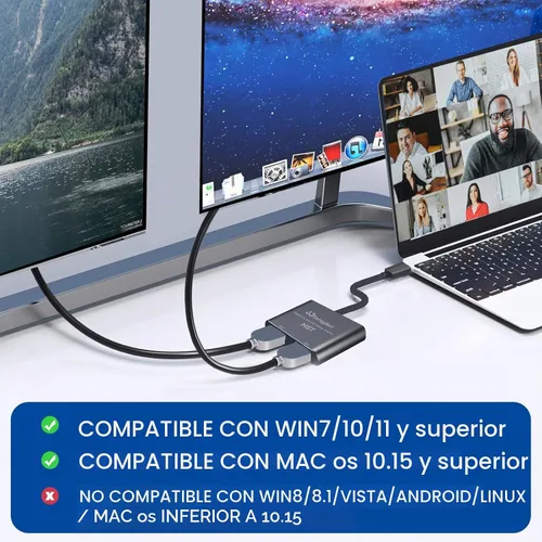 Vista 2 de Adaptador USB a HDMI para 2 monitores, USB 3.0 a HDMI dual para 3 monitores, USB a HDMI con dos displau HD compatible con Mac y Windows/Extensor