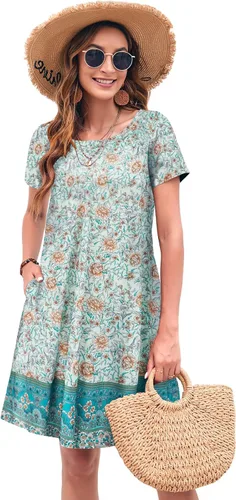 Vista 2 de Sherosa - Vestido de verano sin mangas o con manga corta, estampado floral, con bolsillos, casual, suelto, con vuelo, vestido estilo camiseta