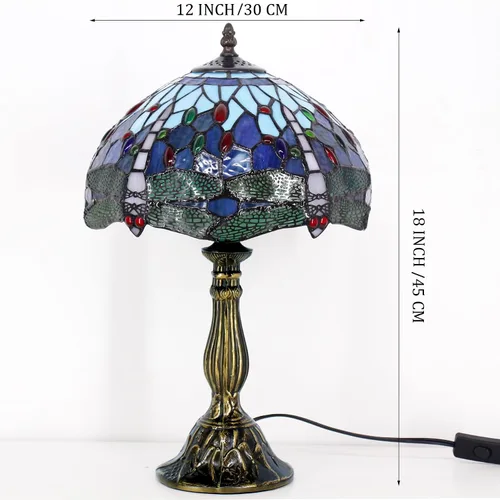 Vista 5 de WERFACTORY Tiffany - Lámpara de mesa con diseño de libélula, estilo libélula azul, para mesita de noche, luz de lectura, 12 x 12 x 18 pulgadas