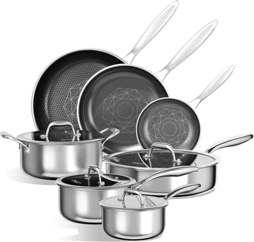 Vista 9 de COOKER KING Juego de utensilios de cocina de acero inoxidable, juego de ollas y sartenes antiadherentes, utensilios de cocina de cerámica híbrida