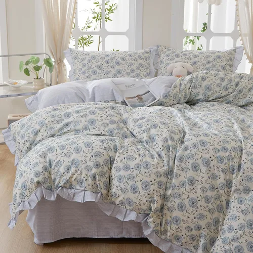 Vista 38 de HighBuy Juego de funda de edredón vintage con volantes y estampado de rayas francesas, 100% algodón con cierre de cremallera, juego de ropa de cama