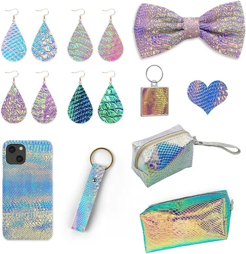 Vista 6 de HYANG - Hojas holográficas de piel sintética azul con estampado de serpiente, muy adecuadas para hacer manualidades, bolsos, aretes de cuero, lazos